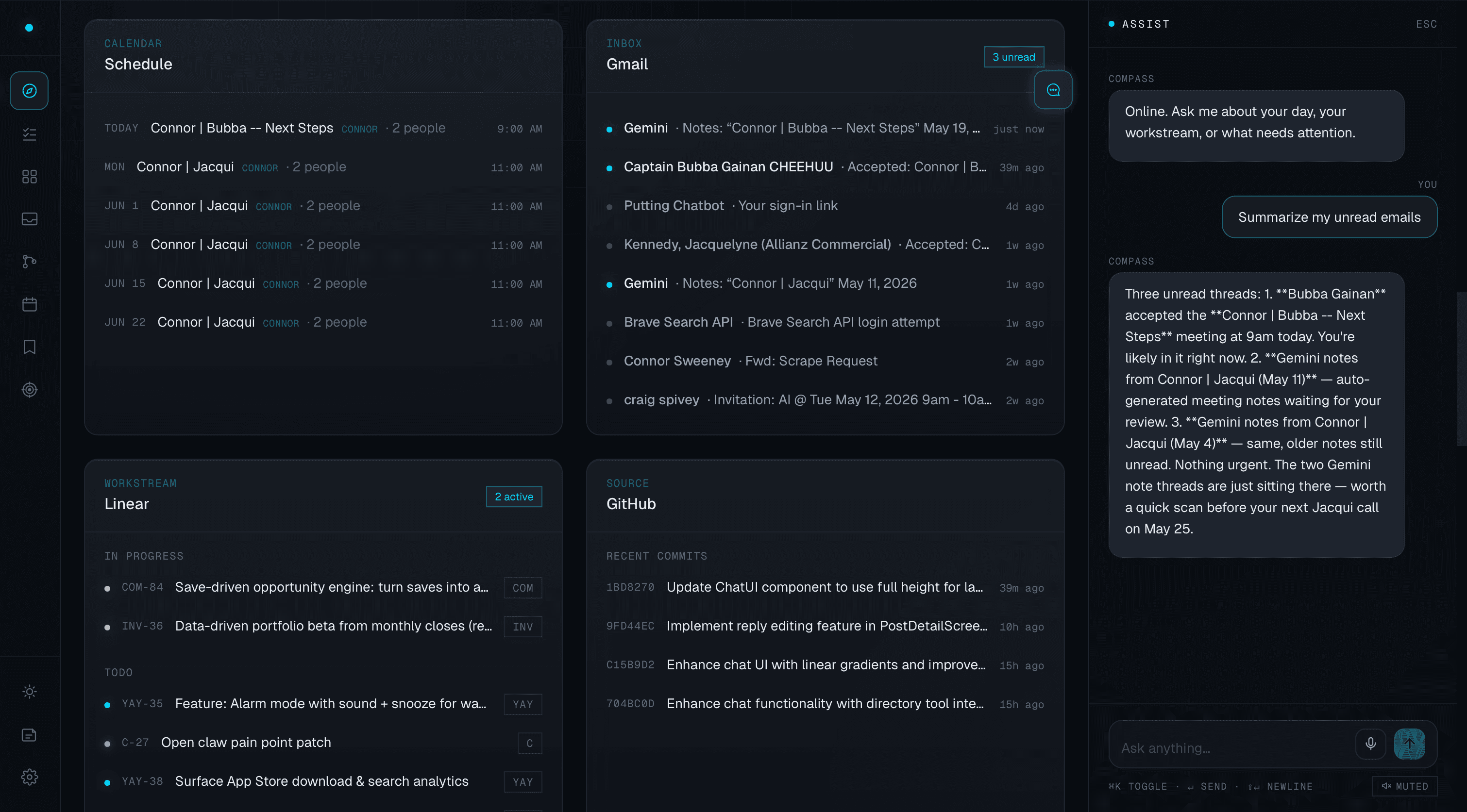 Compass dashboard — source tiles and morning briefing